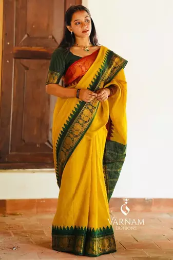 Vibrant mustard yellow silk blend saree