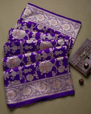 Deep purple silk blend saree with heavy floral zari 1
