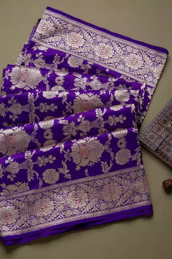 Deep purple silk blend saree with heavy floral zari