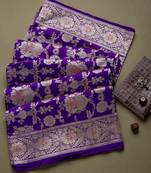 Deep purple silk blend saree with heavy floral zari