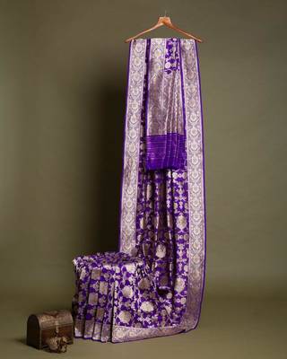 Deep purple silk blend saree with heavy floral zari 2