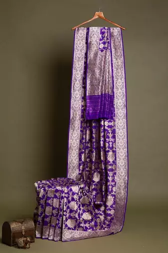 Deep purple silk blend saree with heavy floral zari