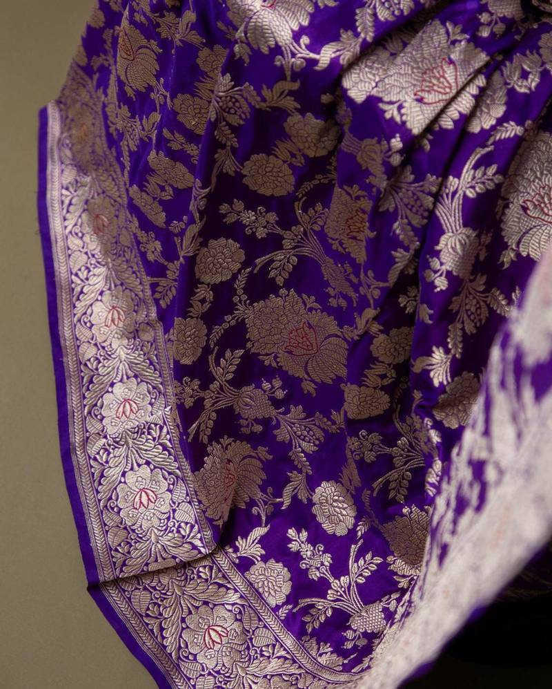Deep purple silk blend saree with heavy floral zari