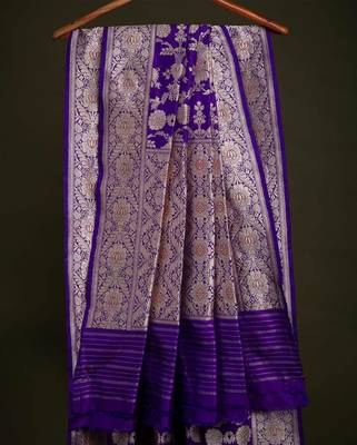 Deep purple silk blend saree with heavy floral zari 4