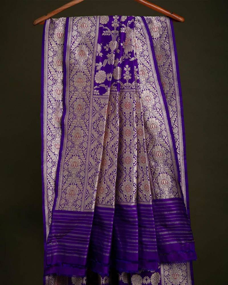 Deep purple silk blend saree with heavy floral zari