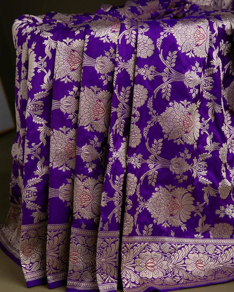 Deep purple silk blend saree with heavy floral zari