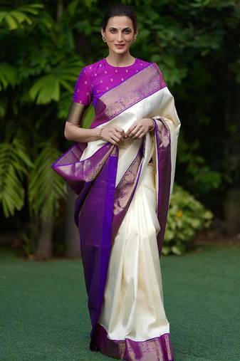 Cream silk blend saree with royal purple zari border