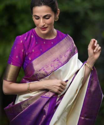 Cream silk blend saree with royal purple zari border 3