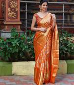 Radiant orange silk blend saree with exquisite gold brocade weave