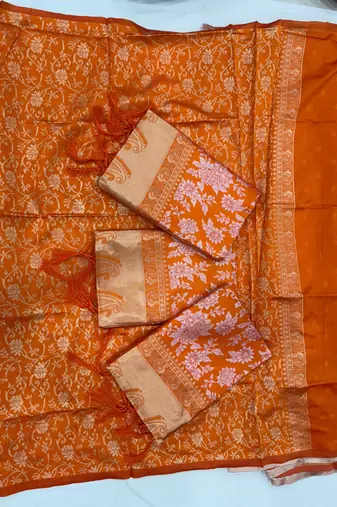 Radiant orange silk blend saree with exquisite gold brocade weave