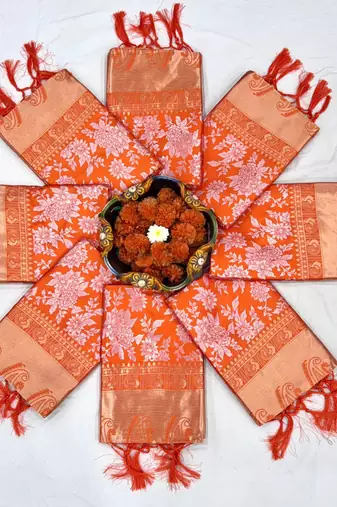 Radiant orange silk blend saree with exquisite gold brocade weave