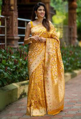 Luminous yellow silk blend saree with multicolored woven butti 1