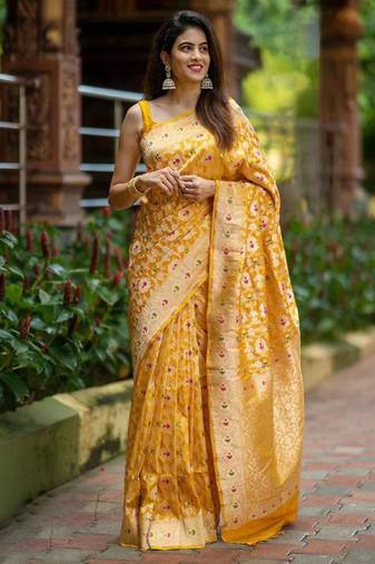 Luminous yellow silk blend saree with multicolored woven butti