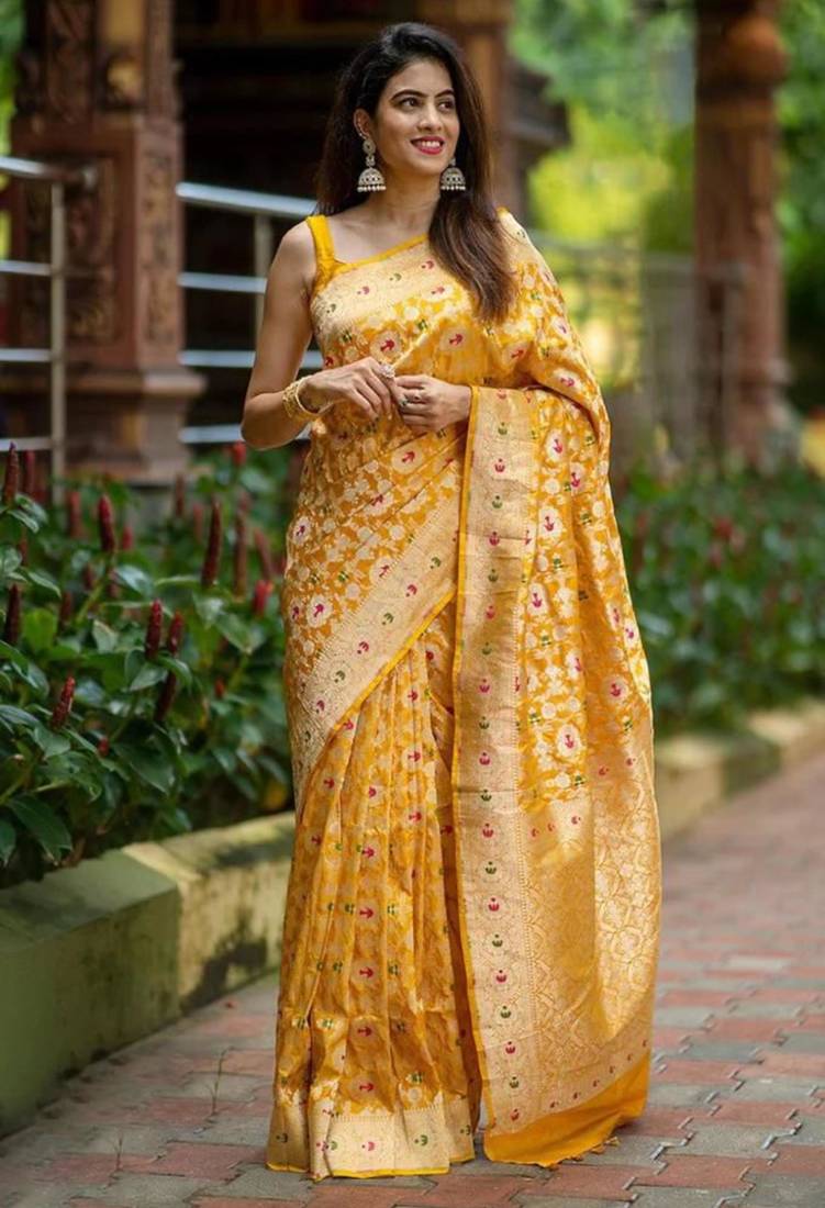 Luminous yellow silk blend saree with multicolored woven butti