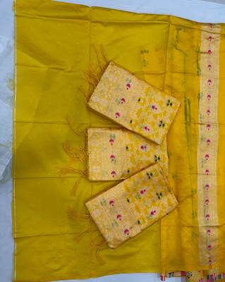 Luminous yellow silk blend saree with multicolored woven butti 2