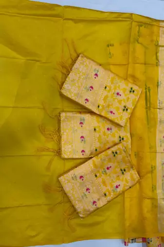 Luminous yellow silk blend saree with multicolored woven butti