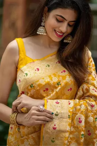 Luminous yellow silk blend saree with multicolored woven butti