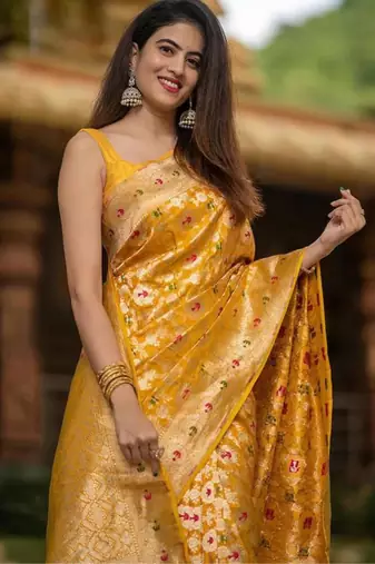 Luminous yellow silk blend saree with multicolored woven butti