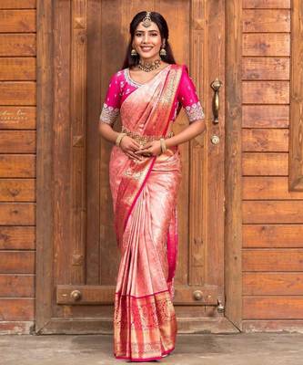 Soft rose pink silk blend saree with vibrant magenta border 1