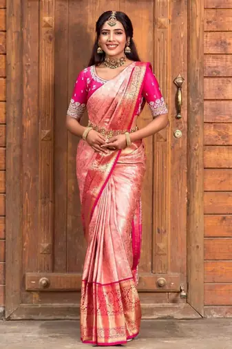Soft rose pink silk blend saree with vibrant magenta border