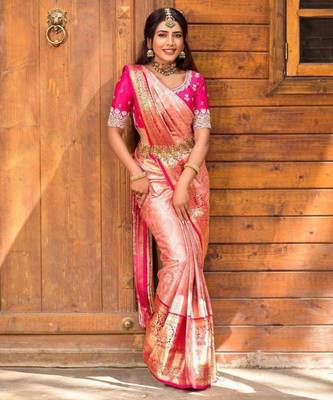 Soft rose pink silk blend saree with vibrant magenta border 3