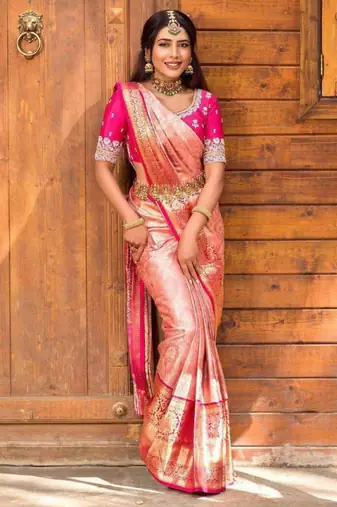 Soft rose pink silk blend saree with vibrant magenta border