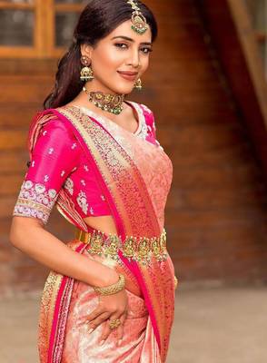 Soft rose pink silk blend saree with vibrant magenta border 5