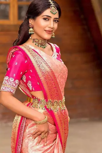 Soft rose pink silk blend saree with vibrant magenta border