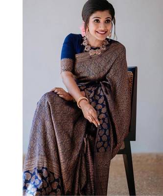 Royal navy blue silk blend saree with intricate bronze weaving 1