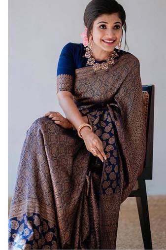 Royal navy blue silk blend saree with intricate bronze weaving