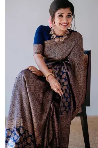 Royal navy blue silk blend saree with intricate bronze weaving