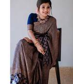 Royal navy blue silk blend saree with intricate bronze weaving