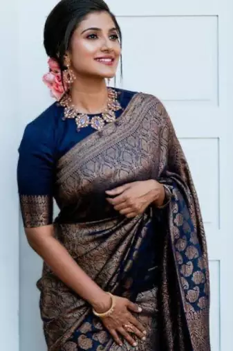 Royal navy blue silk blend saree with intricate bronze weaving