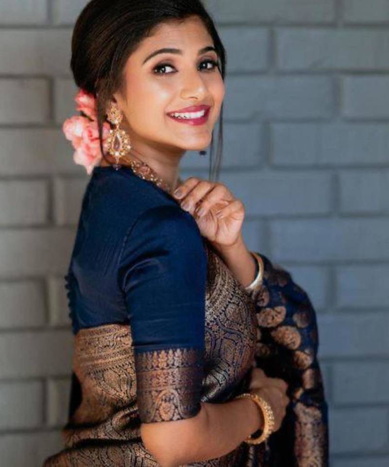 Royal navy blue silk blend saree with intricate bronze weaving