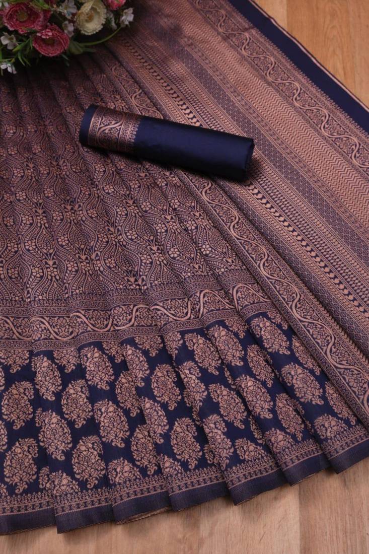Royal navy blue silk blend saree with intricate bronze weaving