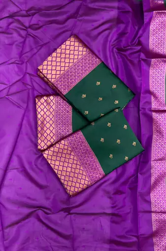 Deep bottle green silk blend saree with magenta border accents