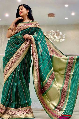 Green striped silk blend saree with ornate maroon border