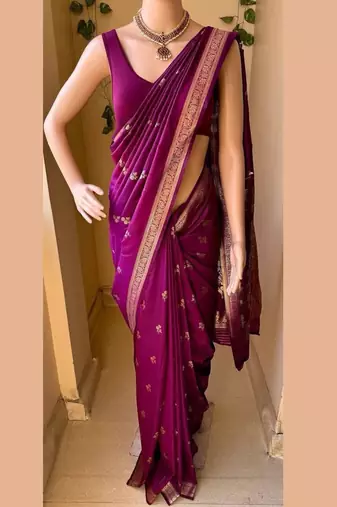 Magenta silk blend saree with classic gold zari border