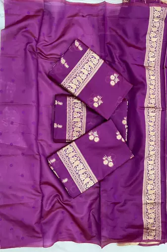 Magenta silk blend saree with classic gold zari border