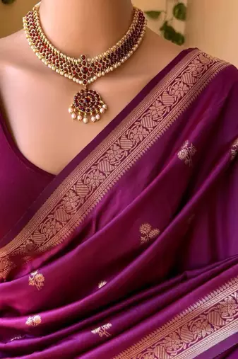 Magenta silk blend saree with classic gold zari border