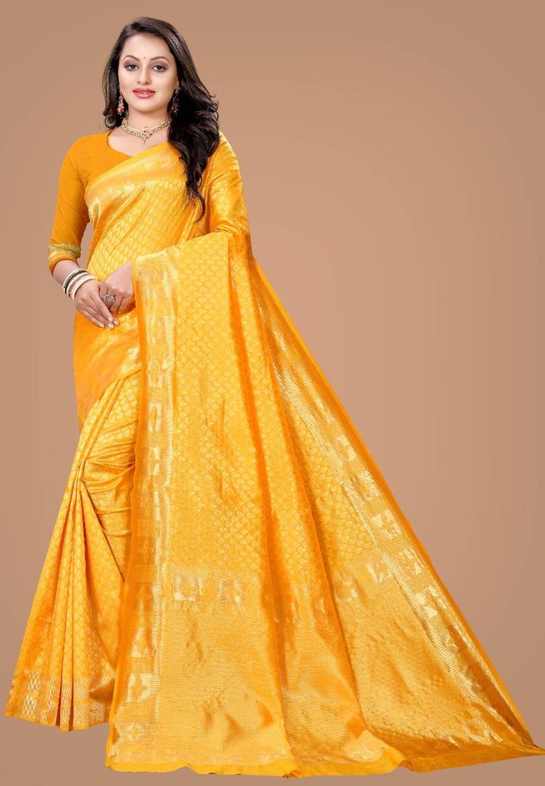 Radiant mustard yellow woven silk blend traditional saree