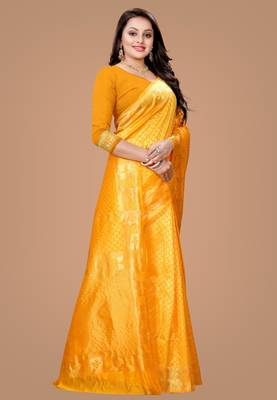 Radiant mustard yellow woven silk blend traditional saree 2