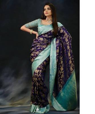 Royal navy blue and sea green silk blend banarasi saree 1