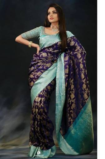 Royal navy blue and sea green silk blend banarasi saree