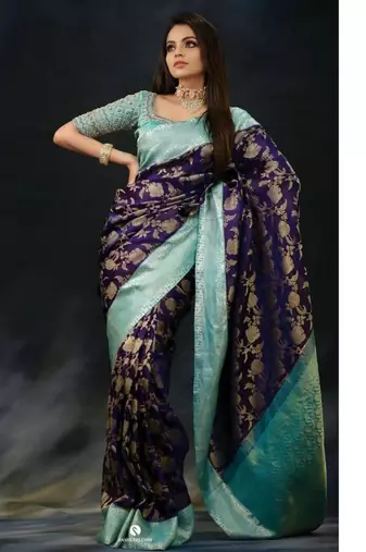Royal navy blue and sea green silk blend banarasi saree