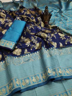 Royal navy blue and sea green silk blend banarasi saree 2