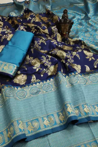 Royal navy blue and sea green silk blend banarasi saree