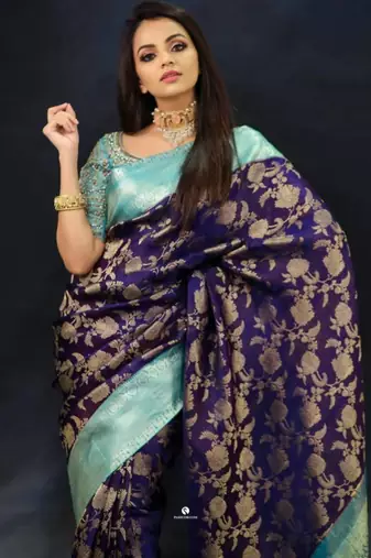 Royal navy blue and sea green silk blend banarasi saree