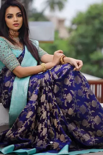 Royal navy blue and sea green silk blend banarasi saree