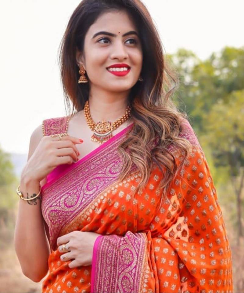 Vibrant orange silk blend saree